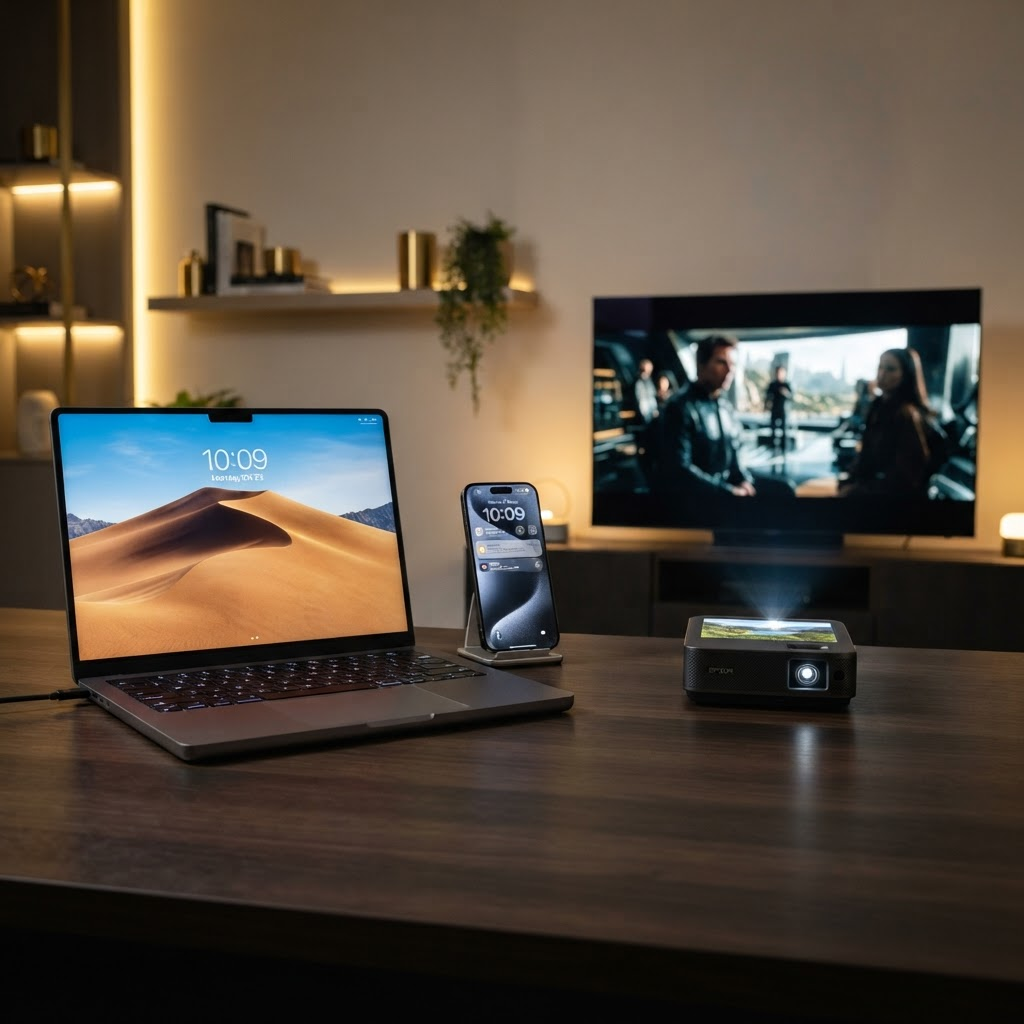 Ibikoresho by'ikoranabuhanga: laptop, smartphone, televisiyo na projector